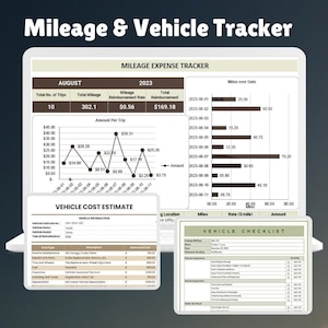 VEHICLE & MILEAGE TRACKER Templates, Vehicle Checklist Template, Fuel, Maintenance Tracker, and Mileage Calculator