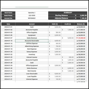 May include: A spreadsheet showing a bank statement with a summary of the starting and adjusted balance. The statement includes a list of transactions with dates, account names, debit and credit amounts, and a running balance.