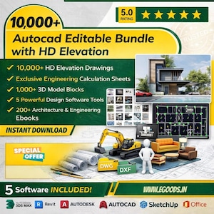 Puede incluir: Imagen promocional de un paquete editable de AutoCAD con dibujos de elevación HD, hojas de cálculo de ingeniería, bloques de modelos 3D y herramientas de software de diseño. La imagen incluye una excavadora amarilla, representaciones arquitectónicas y el texto "DESCARGA INSTANTÁNEA."