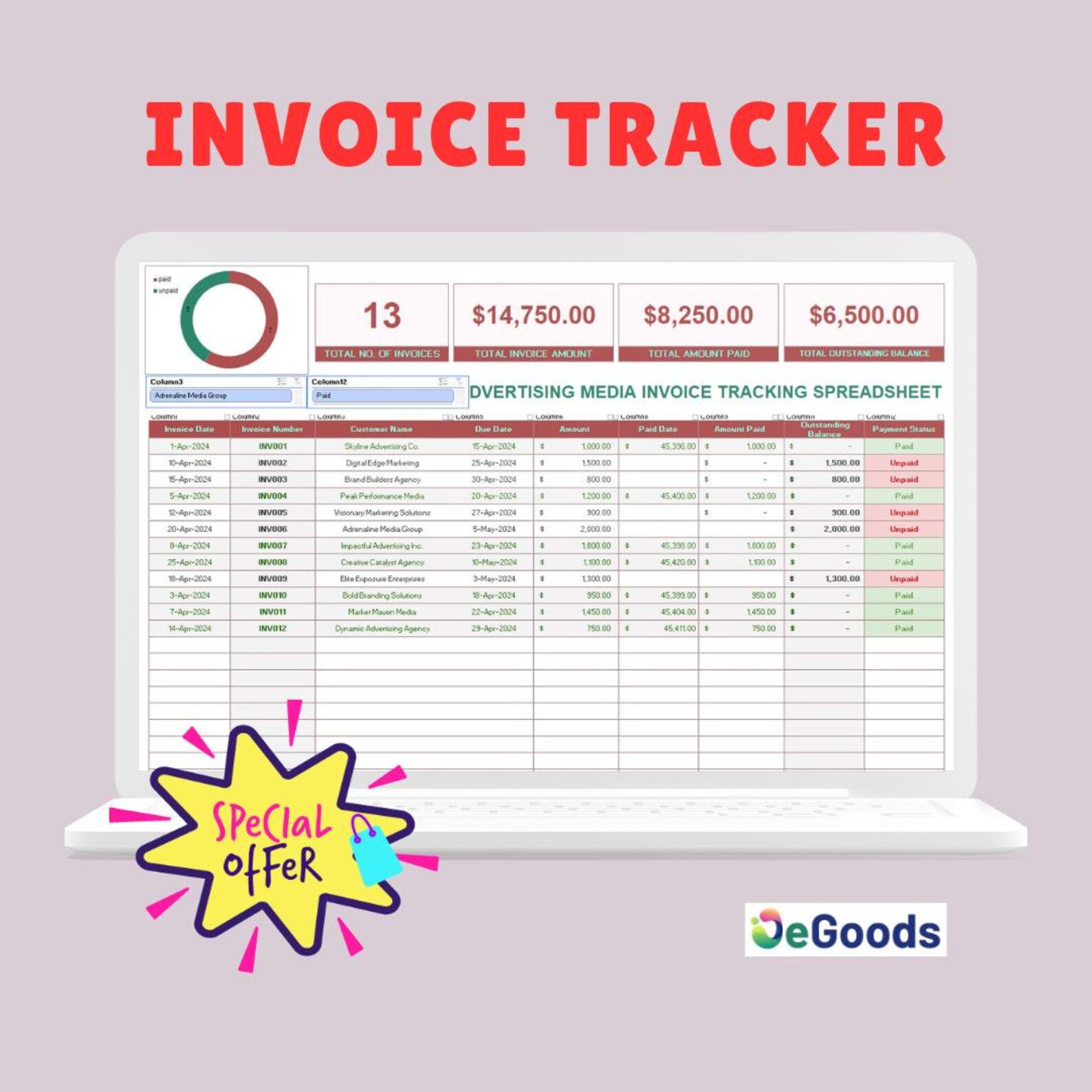Invoice Tracker Excel Template, Small Business Spreadsheet Bundle, Time ...