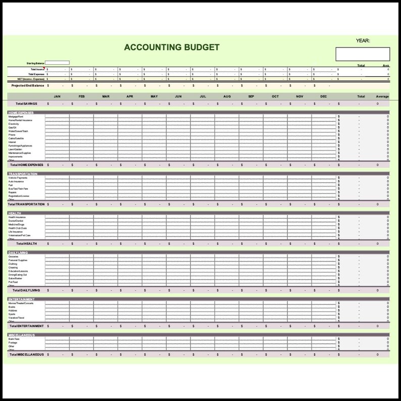 Editable accounting template for bookkeeping