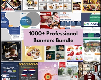 1000+ Editable Banner Templates Bundle, Social Media Marketing Banners, Real Estate, Restaurant, Festival & Business Banner Pack