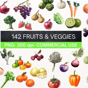 142 Fruits & Veggies Clipart | Guava, Mango, Passion Fruit, Kiwi, Blueberries, Tomato, Spinach, Kale, Carrot, Grocery | Commercial Use |