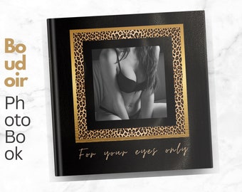 Boudoir Photo Album Leopard Print, Black Leather & Gold, Boudoir Photo Book, Photo Album Template Canva Printable Photo Book