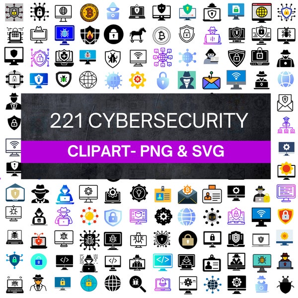 221 Cybersecurity Icons Bundle- SVG & PNG | Network Security, Data Protection, Technology Clipart