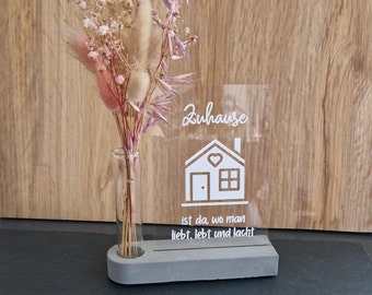 Postkartenständer Bildhalter Kartenhalter aus Gießkeramik mit Acrylplatte und Kerzenständer oder Vase für Trockenblumen, personalisierbar