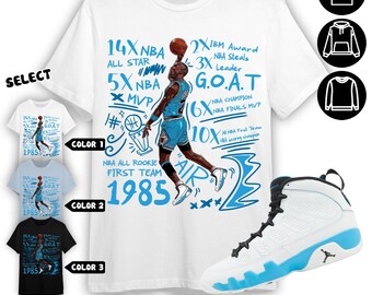 Jordan 9 Powder Blue Camisa unisex, sudadera, sudadera con capucha, zapatilla MJ Accolades, camisa para combinar con el color de la zapatilla azul claro