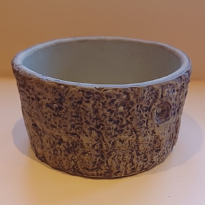 May include: A brown ceramic planter shaped like a tree trunk. The planter has a rough, textured surface and a wide, round opening.