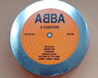 ABBA Coasters by Popsters X 6 Plastic record themed in metal tin