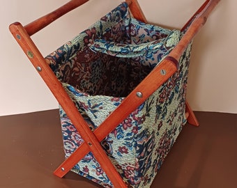 Vintage Folding Knitting Bag Wood & Floral Fabric Sewing Notion Organizer Boho Carrying Tote Collapsible Craft Supplies Storage Knitter Gift