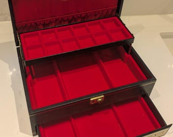 Vintage black faux leather Mele 3 tier gold rimmed pull out jewellery box.