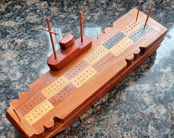 Vintage Hand carved wooden "Aircraft carrier" themed bridge board with hinged top containing vintage playing cards