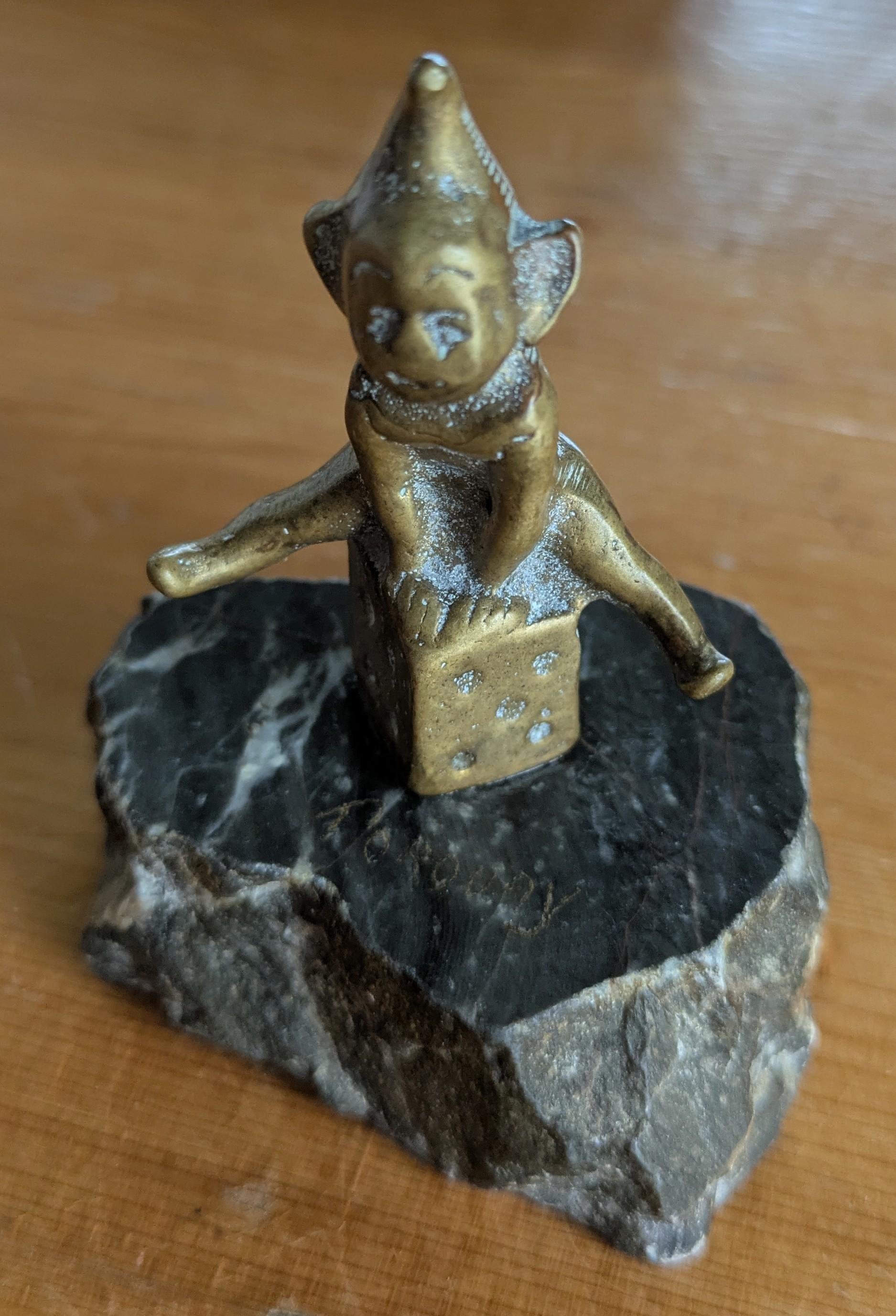 Vintage Cornish Solid Brass Pixie Luck Charm Sitting on a Dice