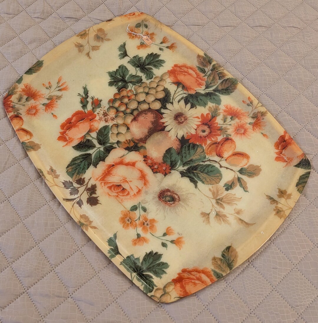 レトロ◆KESWICK TRAYS◆グラスファイバー◆薔薇◆特大トレイ◆イギリス 1970年代のヴィンテージ「ケズウィック*」特大花柄ファイバーグラス