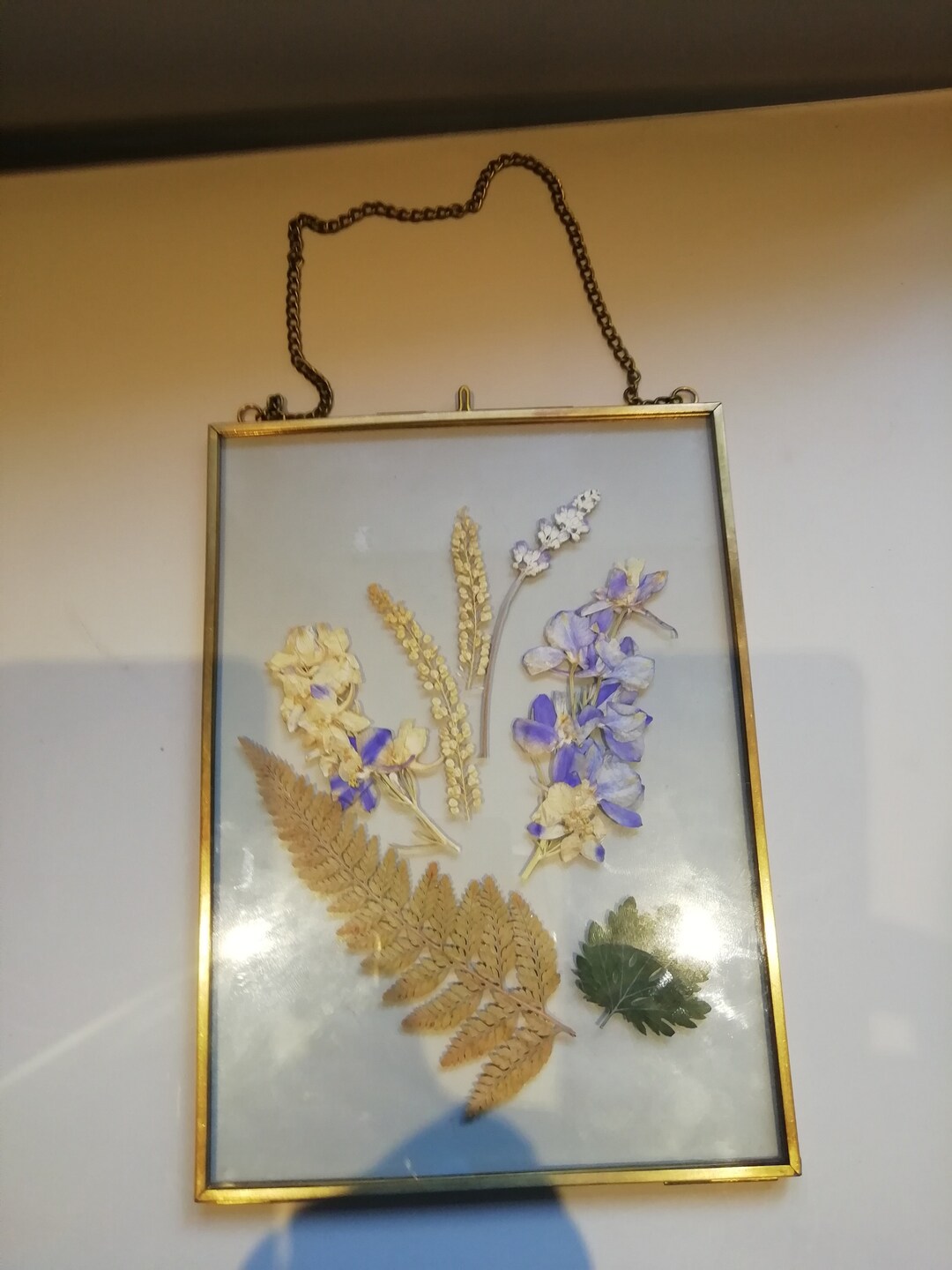 Vintage Brass Hinged Double Glass Hanging Frame With Chain Containing