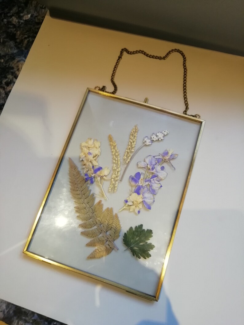 Vintage Brass Hinged Double Glass Hanging Frame With Chain Containing