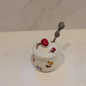 May include: A small, white ceramic sugar bowl with a lid and a silver spoon. The lid is topped with a red cherry and decorated with colourful floral and fruit designs. The spoon is inserted into the bowl.