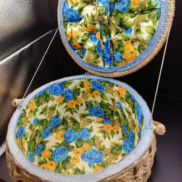 Vintage wicker floral padded handled, lidded sewing basket. Lovely item