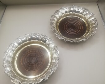 Antique silver plate & wood decorative champagne/wine coasters