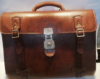 Vintage expandable faux leather expandable brown travel brief/document case with period Lufthansa cabin luggage tags