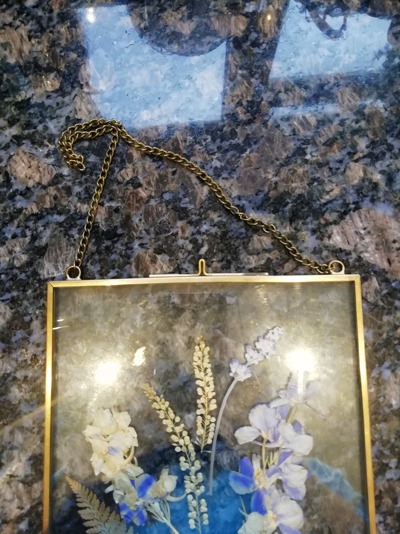 Vintage Brass Hinged Double Glass Hanging Frame With Chain Containing