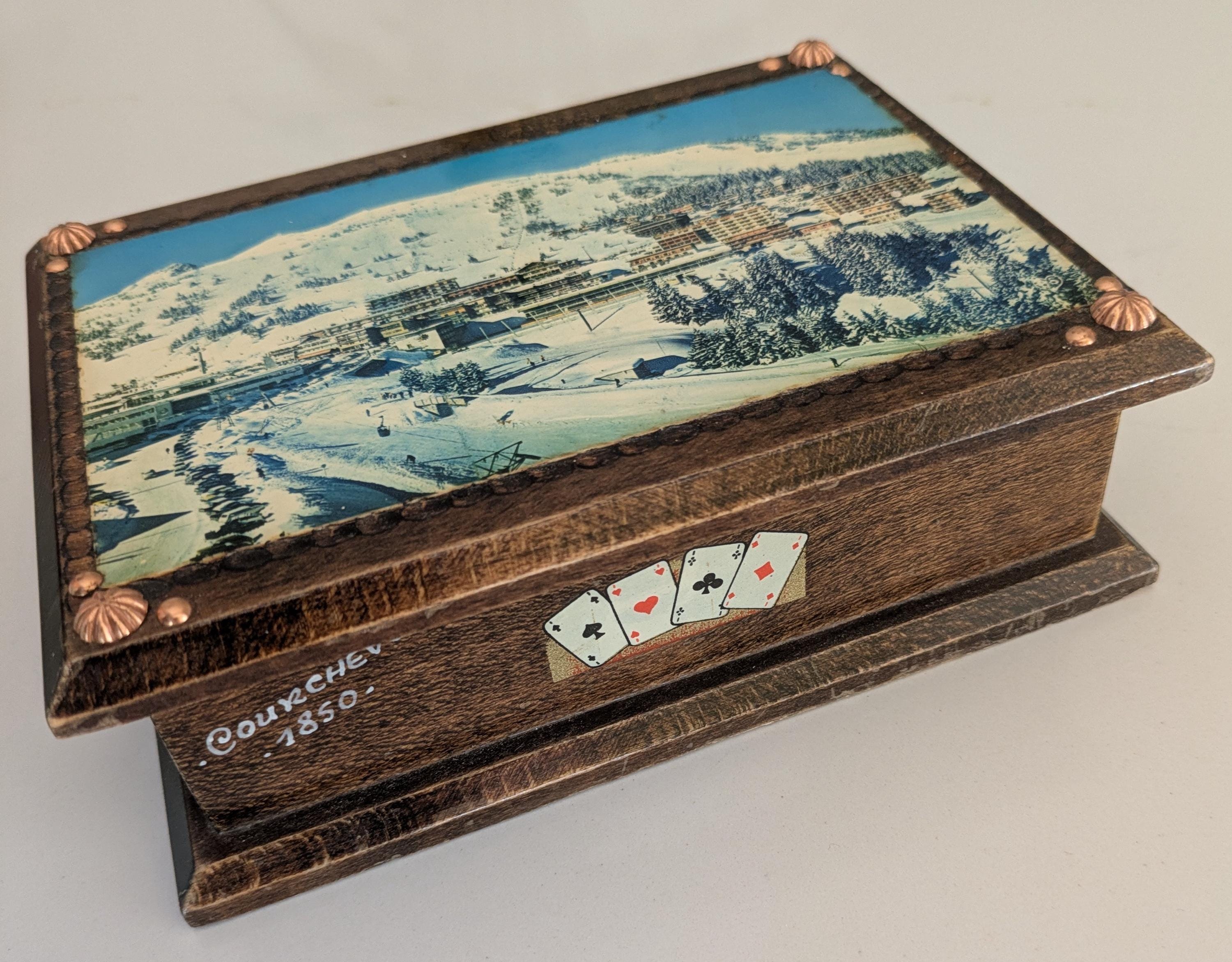 Vintage Wooden Decorative Souvenir Playing Card Holder, 2 Sets