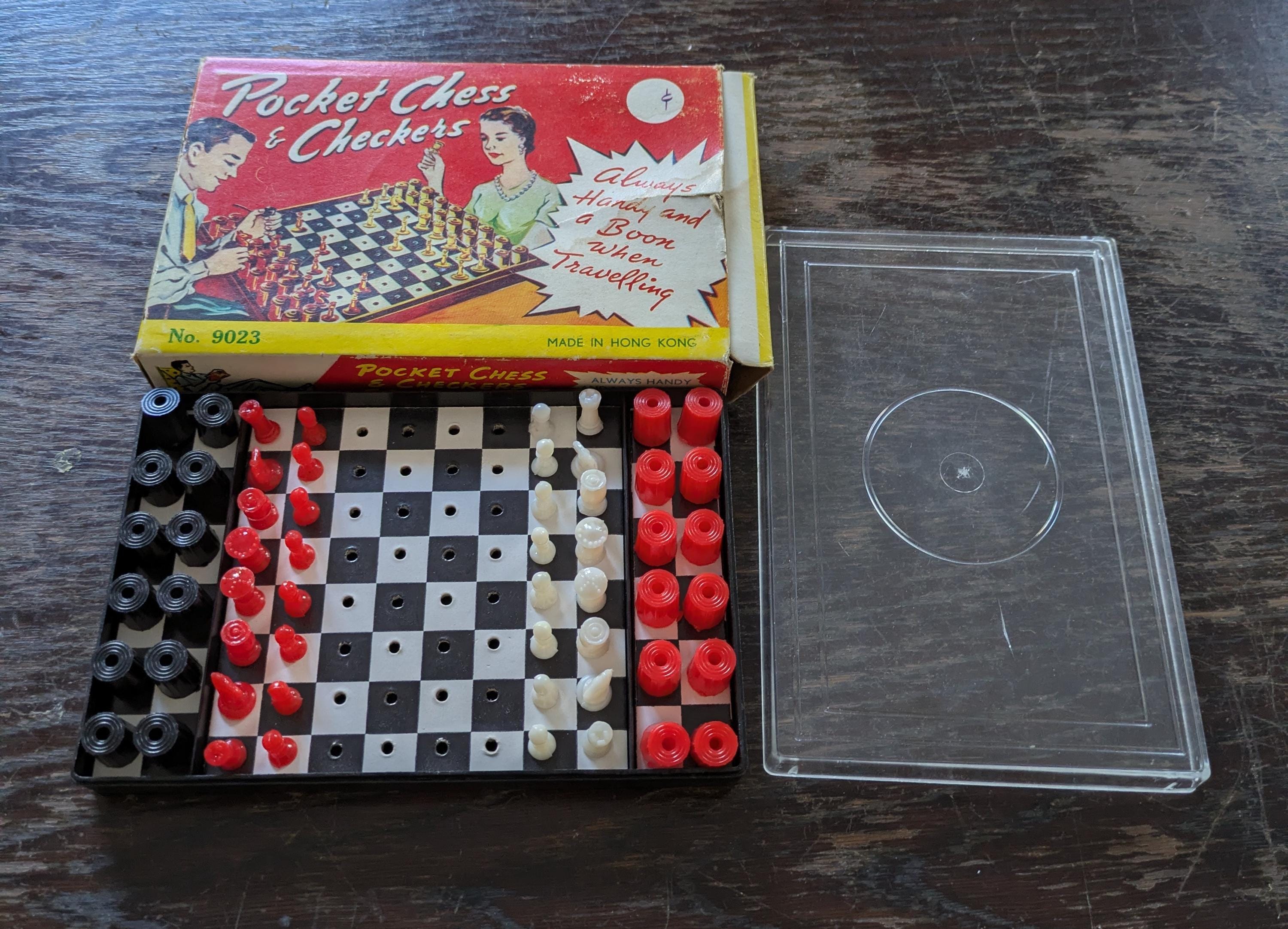 Vintage Pocket Chess & Checkers Travel Set Made in Honk Kong Circa