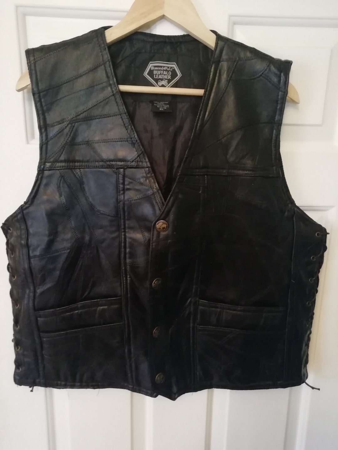 Vintage Diamond Plate Buffalo Leather Biker Vest Black RN84256 - Etsy