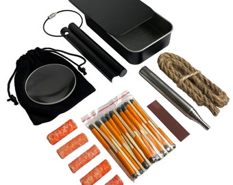 Ultimate Pocket Fire Kits: Ferro Rod, Stormproof Matches, Waterproof Tinder, 12x Magnifying Glass | All-Weather Bushcraft Survival Kits