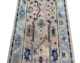 Handmade Turkish Oushak Runner Rug: 3x10 Wool Beige & Blue Rug