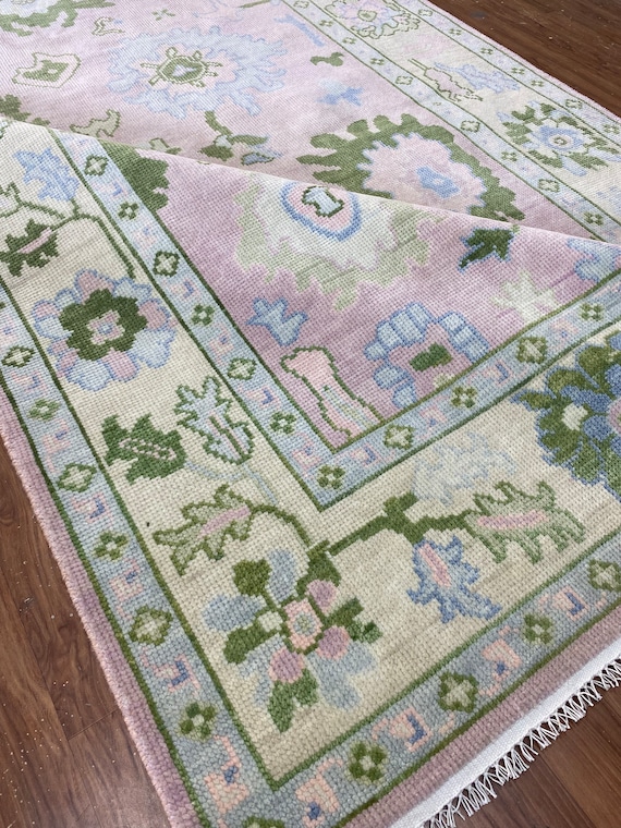 Hand Knotted Wool Oushak Rug: Pink and Green Turkish Carpet