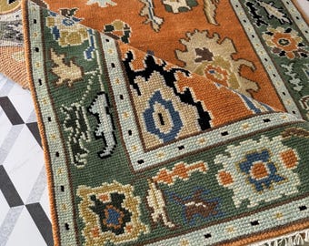 Hand-Knotted Wool Oushak Rug: Orange, Blue, & Green Tribal Design