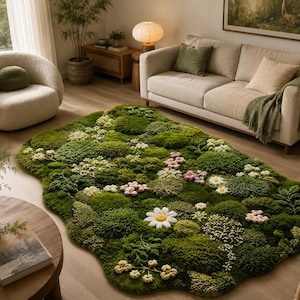 May include: An irregular, organic-shaped area rug featuring a textured, three-dimensional moss-like surface in various shades of green. The rug is embellished with small, raised white and pink floral accents and fern-like leaf patterns throughout.