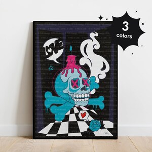 Digital Print Skull and Rose, Skull Wall Art Print, Cartoon Skull Rose Wall Art, Skull Art, Gothic Skull Art Poster, Multiple sizes & colors