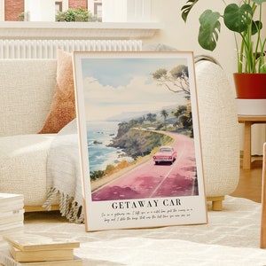 Póster "La última vez que me viste", coche rosa vintage, estética playera, impresión de acuarela, arte mural femenino, arte de coche costero rosa