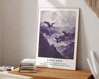 Mountains we moved Poster, Purple Dragon Watercolor Art, Fantasy Wall Décor, Mystic Dragon Artwork, Dreamy Fantasy Aesthetic, Girly Room Art