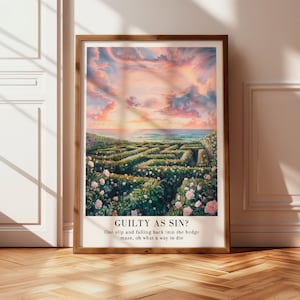 Póster Culpable como pecado, arte de laberinto de rosas en acuarela, caída en el laberinto de setos, paisaje al atardecer, arte de pared romántico, impresión de laberinto al atardecer