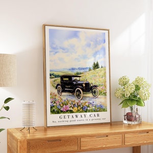 Nothing Good Starts Poster, Vintage Black Car Art, Watercolor Illustration Print, Subtle Girly Gift, Floral Print Art