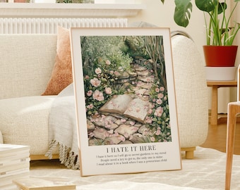 Secret Gardens Poster, Book Garden Art, Watercolor Print, Secret Gardens, Pink Flowers, Dreamy Garden Print, Escape to Gardens, Book Lover