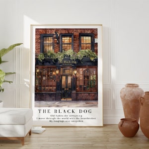 Black Dog Poster, Vintage British Restaurant, Watercolor Art, Old Habits, Classic Pub Art, British Grunge Restaurant Scene, Dining Art