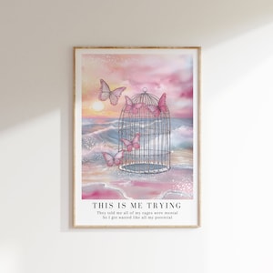 All of my cages Poster, Folklore-Album, rosa Schmetterling Aquarell Illustration, Dreamycore Wandkunst, digitaler Download, Inspirationszitat
