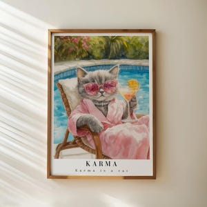 Póster de Karma, Karma es un gato, impresión artística en acuarela, arte de pared preppy rosa, habitación de niña, amante de los gatos, póster de gato de moda