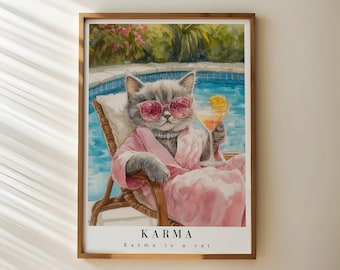 Karma Poster, Karma Is a Cat, Watercolor Art Print, Pink Preppy Wall Art, Girly Room, Cat Lover, Trendy Cat Poster