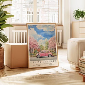 Póster "Salta por la Avenida 16", póster rosa preppy, flores rosas, impresión artística en acuarela, arte romántico, decoración de habitación femenina, impresión de coche rosa