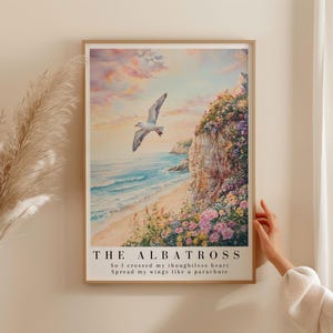 The Albatross, Watercolor print, Coastal Beach Art, Subtle merch gift, Spread my wings like a parachute, Floral Beach Scenery, Girly Room
