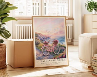 Plakat „Miejsce na tym świecie”, akwarela na różowym rowerze, dekoracja ścienna z plażowym krajobrazem, dziewczęcy pokój dziecięcy, jestem gotowa do lotu, subtelne towary, sztuka rowerowa