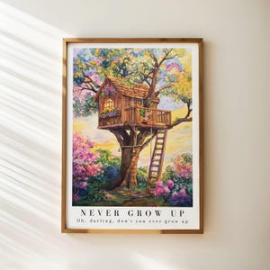 Darling Don&#39;t Grow Up Print, Treehouse Watercolor Art, Girls Room Wall Art, Cozy Nursery Decor, Dreamy Kids Room, Soft Nursery Art, Play Art