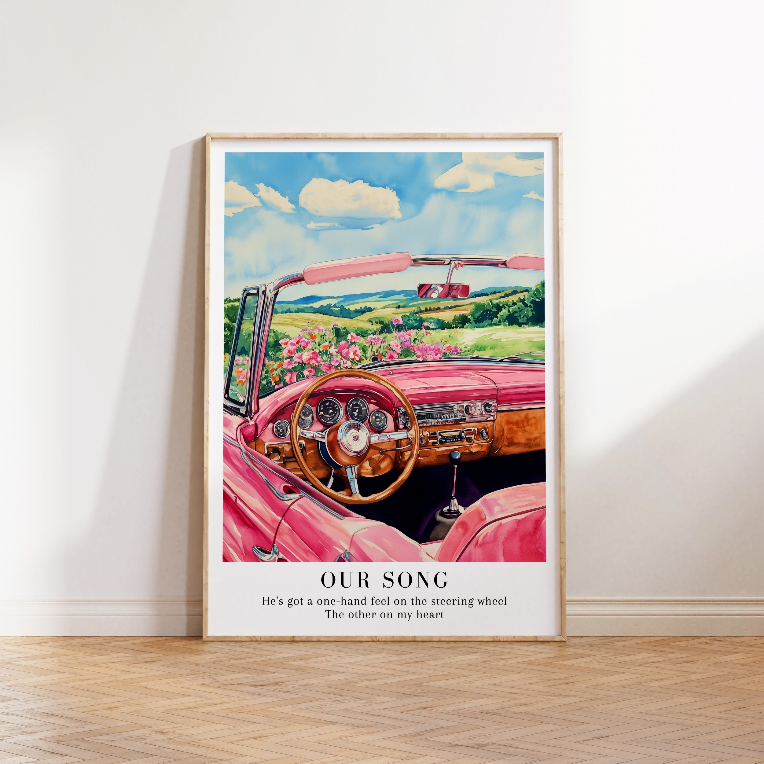 Nasz plakat z piosenką, wydruk wiejski, wydruk akwarelowy, różowa sztuka zabytkowego samochodu, plakat z kwiatowym motywem samochodu, dziewczęca dekoracja ścienna, romantyczna sztuka, estetyka retro