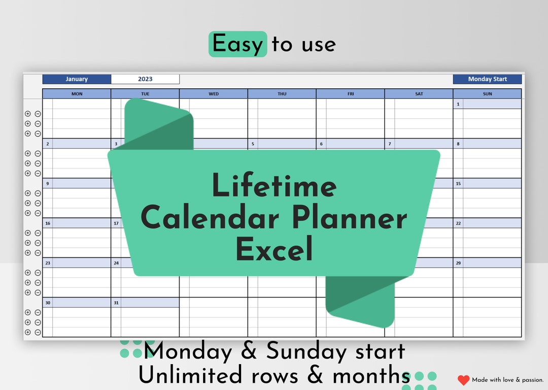 LIFETIME EXCEL CALENDAR Planner, Digital Download, Monday and Sunday ...