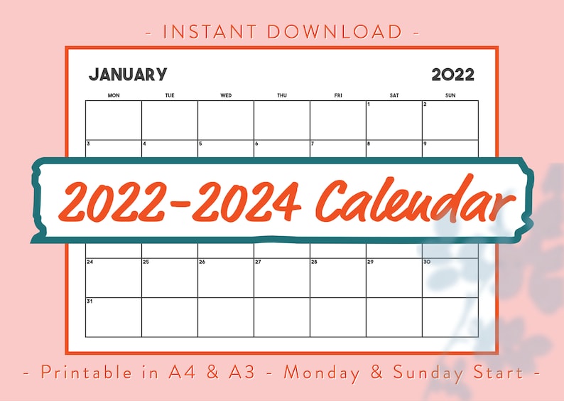 20222024 Printable Calendars in A4 or A3 Monday & Sunday Etsy